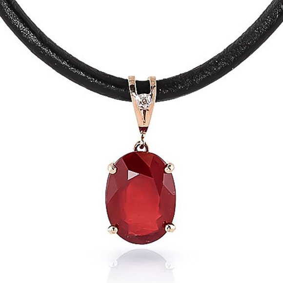 14K. GOLD & LEATHER NECKLACE WITH DIAMOND & RUBY